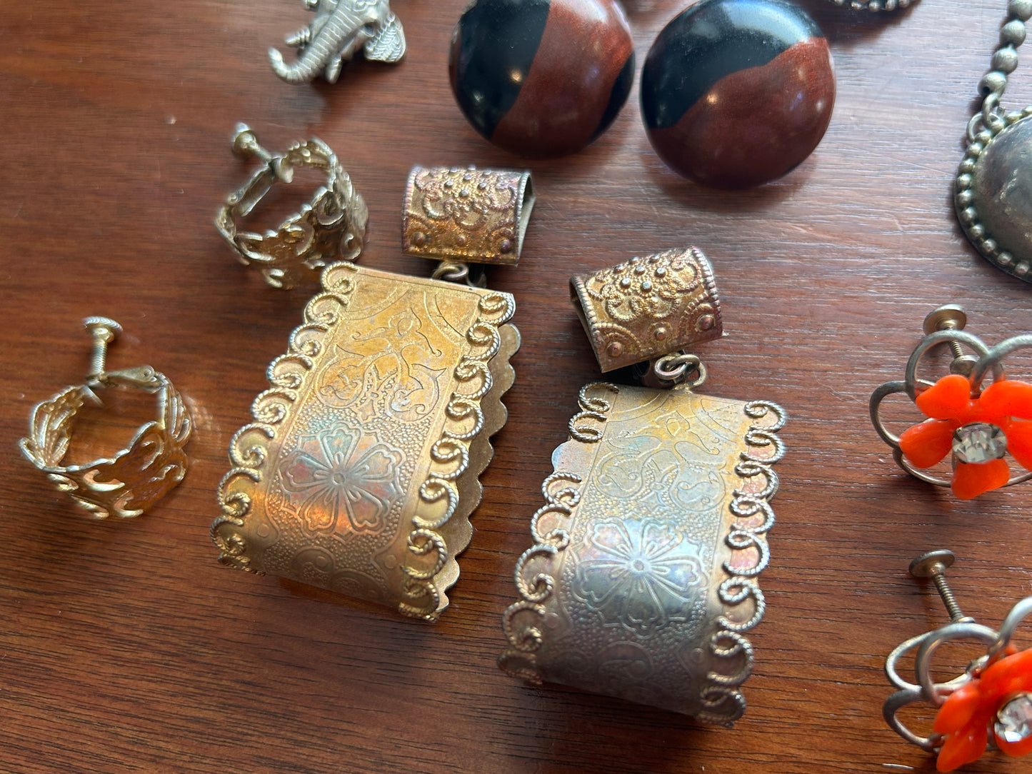 Vintage Clip On Earring Lot Doorknocker Silver Gold Boho Cabochon Wood Bead