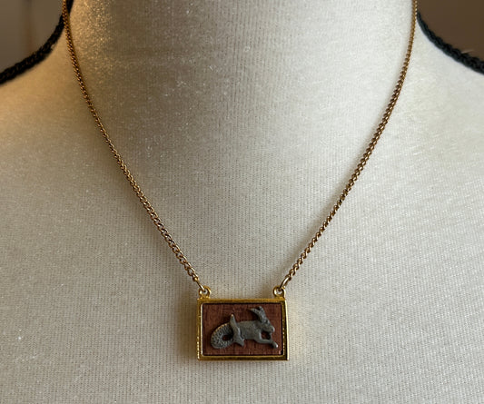 Vintage MCM Wood Gold Tone Chain Link Sea Goat Mythology Necklace