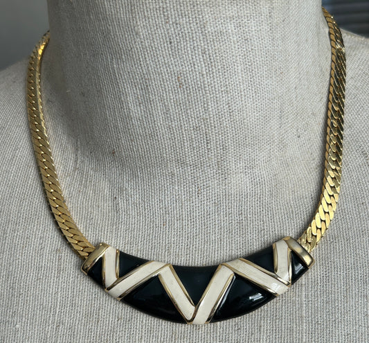 Vintage Gold Tone Collar Necklace Black & White Enamel Pendant