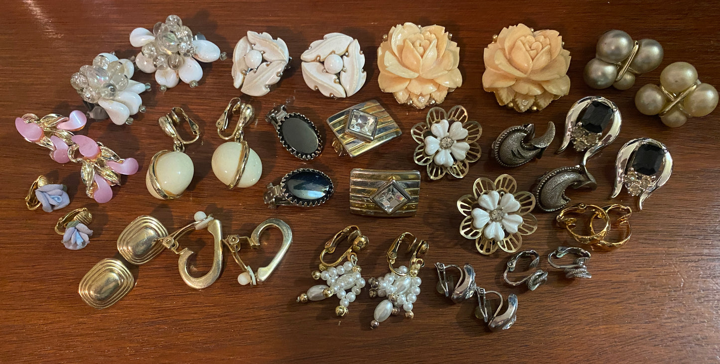 Vintage Clip on Earrings Lot Rose Pearl Porcelain Thermoset Gold Silver