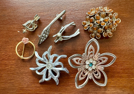 Vintage Brooch Pin Lot Silver Gold Tone Bead Rhinestone Flower Wishbone More