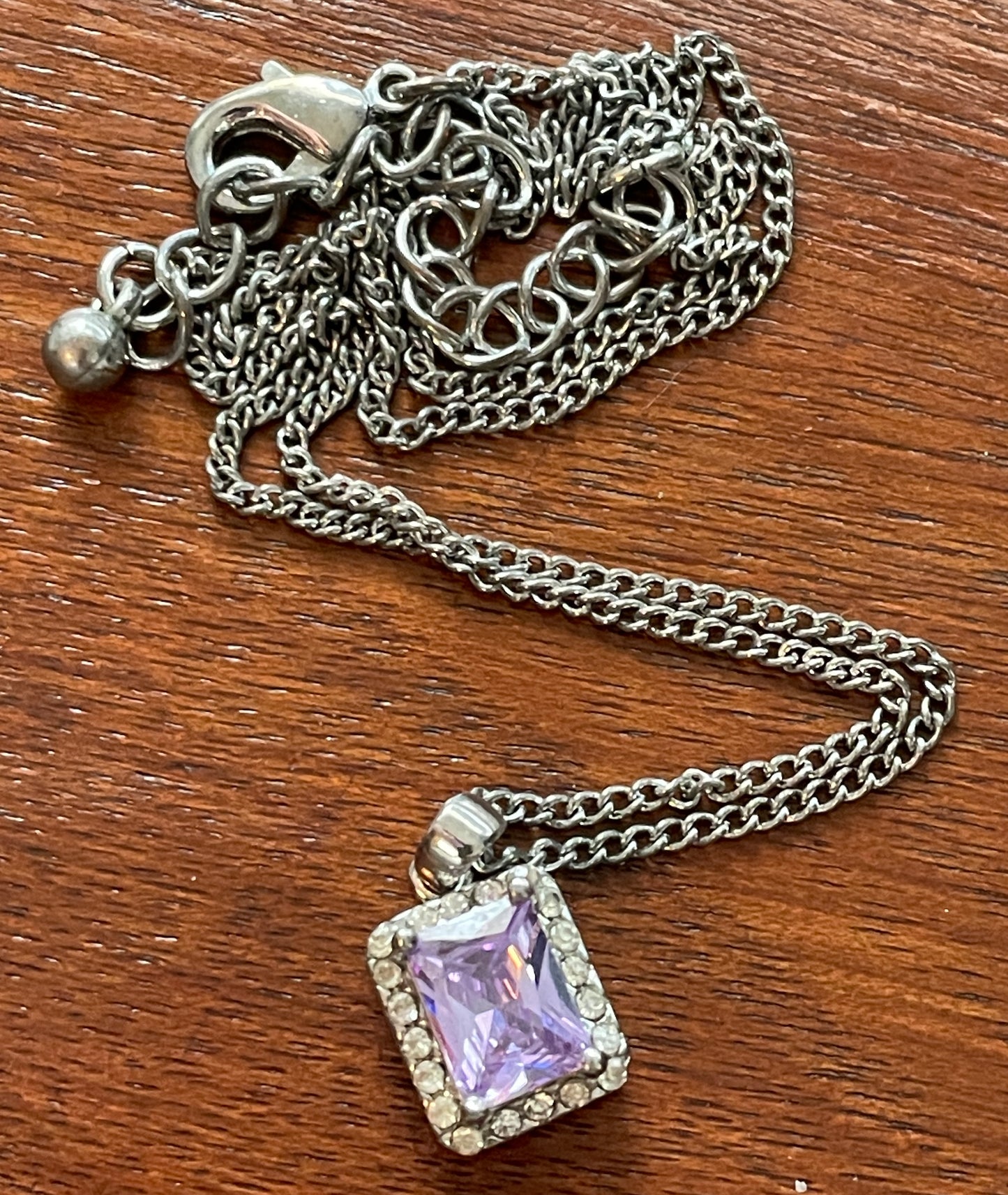 Vintage Silver Tone Chain Necklace  Square Cut Purple Rhinestone Pendant