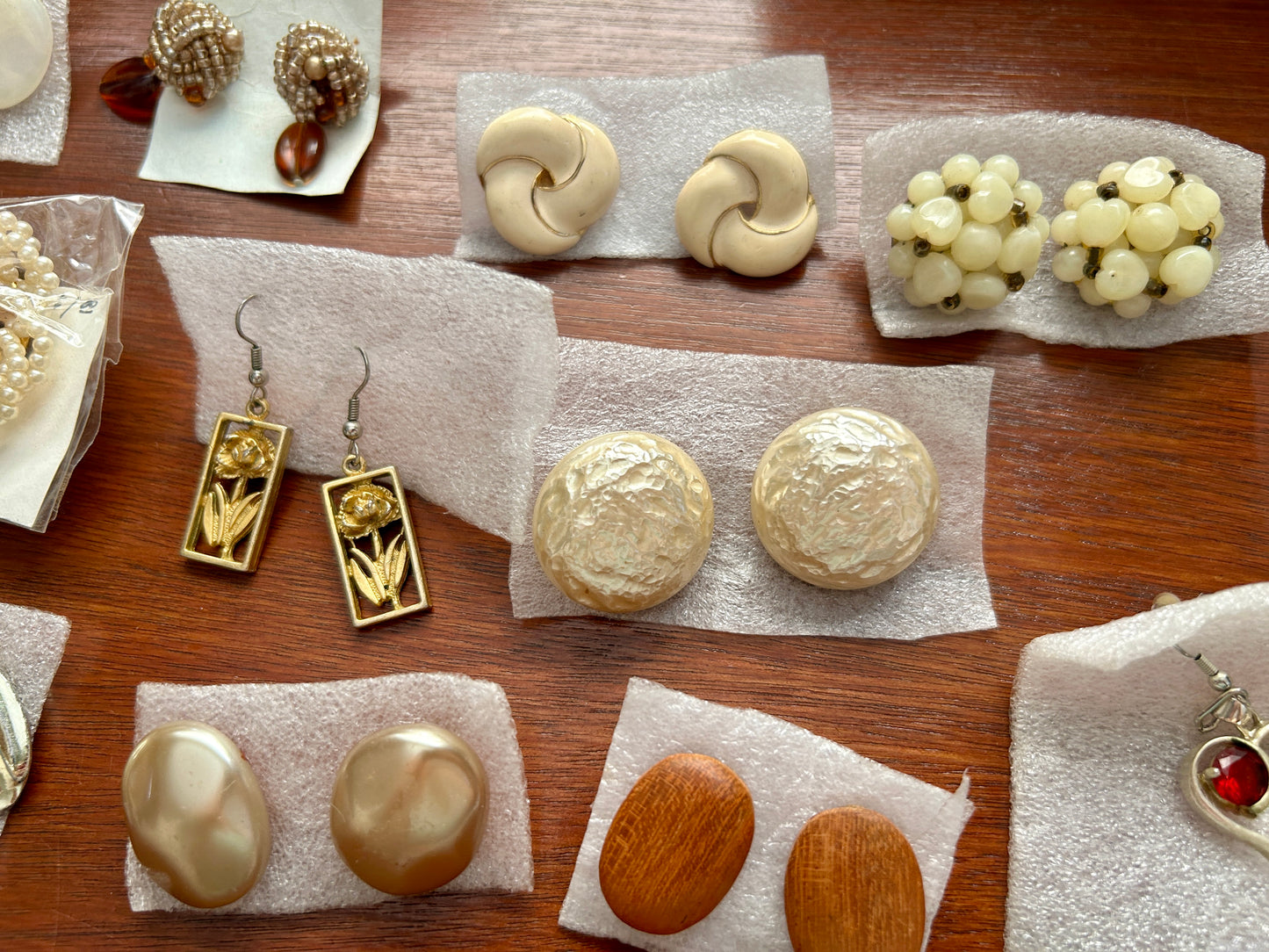 Vintage Pierced Earring Lot Earth Tones Wood Gold Metal Beaded Cabochon Pearl