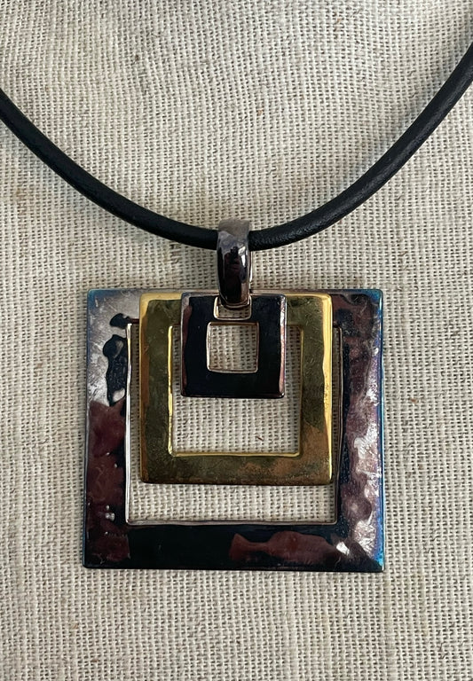 RLM Studio Robert Lee Morris Sterling Silver Brass Leather Cord Pendant Necklace