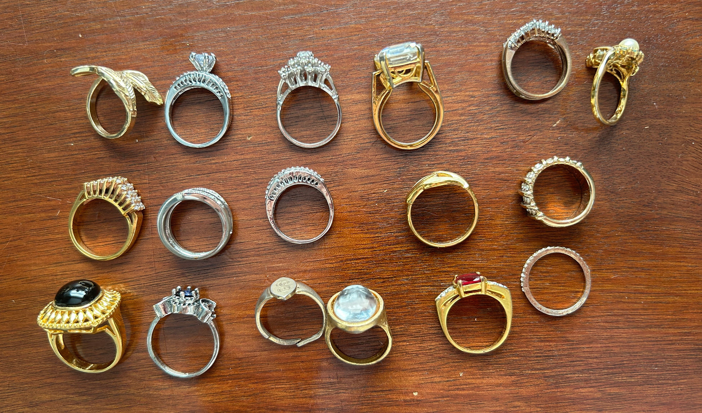 Lot of 17 Vintage to Now Costume Cocktail Rings Various Sizes Rhinestones