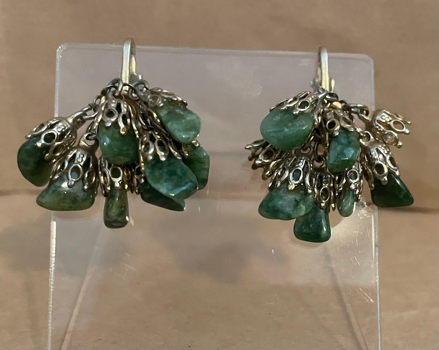 Vintage Gold Tone Cluster Green Stone Clip on Earrings