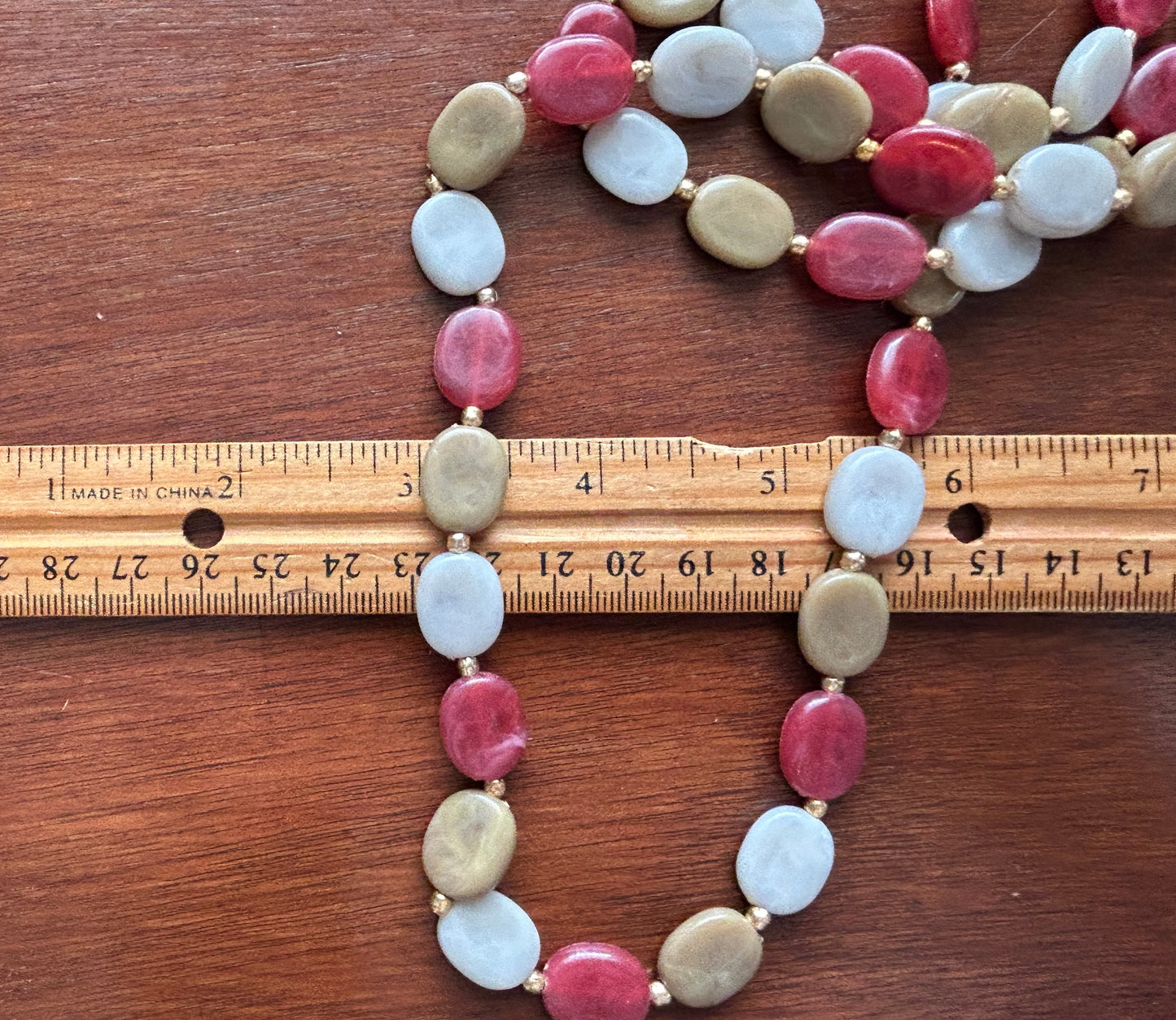 Vintage Red White Greenish Tan Flat Oval Beaded Long Opera Length Necklace