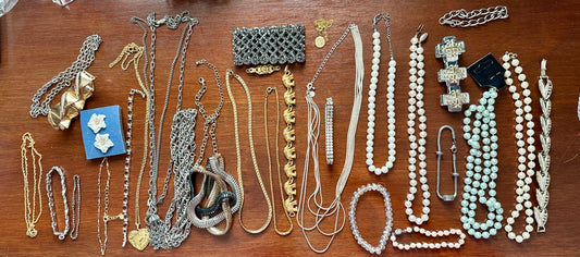 Vintage to Now Jewelry Lot Faux Pearl Gold Silver Rhinestone Chains Earrings