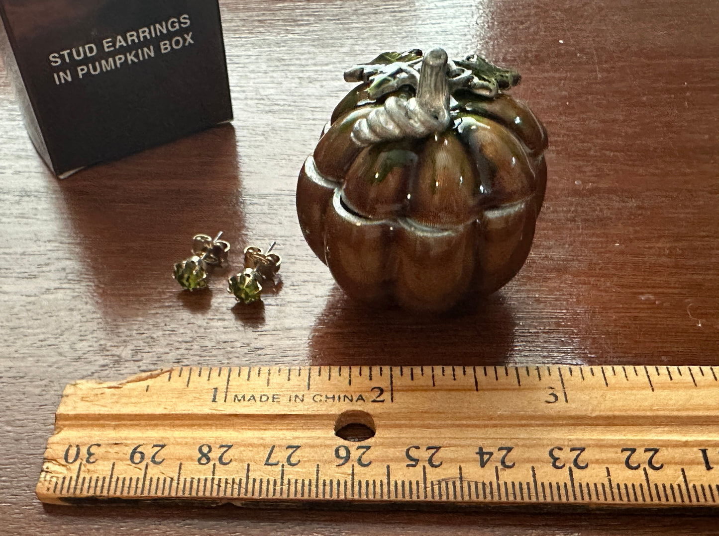 Avon Enamel Pumpkin Trinket Jewelry Box w Green Stone Stud Earrings