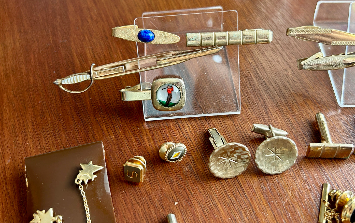 Vintage Gold Tone Cufflinks Tie Tack Clip Lot Lapis Golf Faux Pearl Sword Onyx