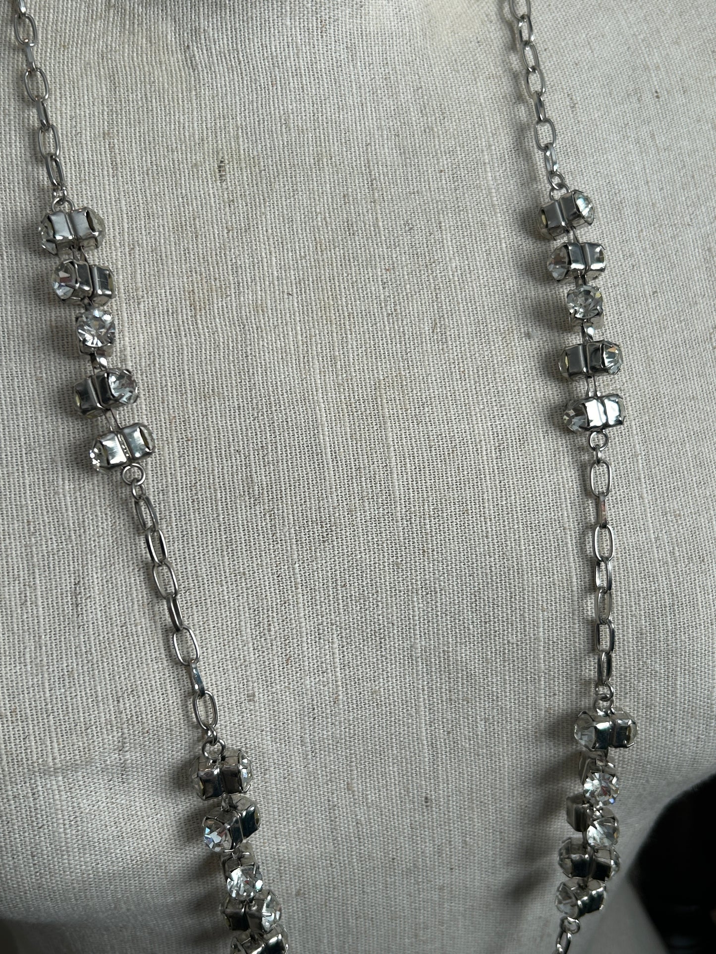 Vintage Silver Tone Chain Necklace Long Clear Rhinestones