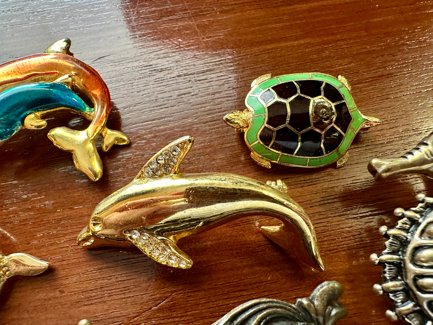 Vintage to Now Ocean Theme Brooch Pin Lot Dolphins Whale Turtle Seahorse Enamel