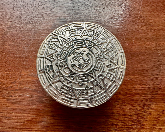 Vintage Alpaca Silver Mayan Aztec Pill Jewelry Trinket Box Hinged