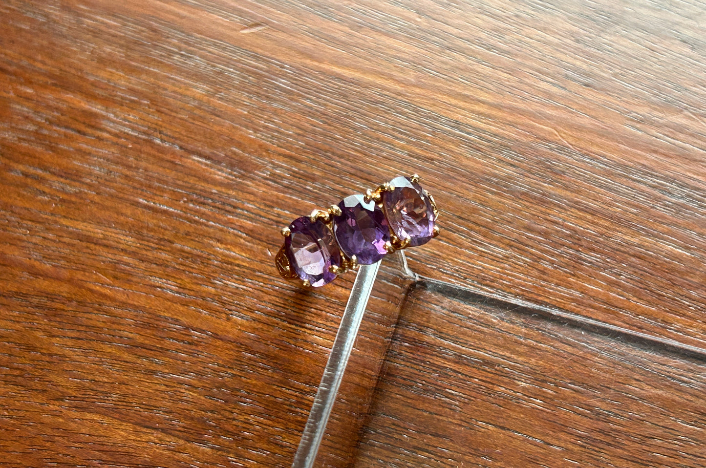 14k Yellow Gold 3 Oval Amethyst Cocktail Ring Sz 7.75