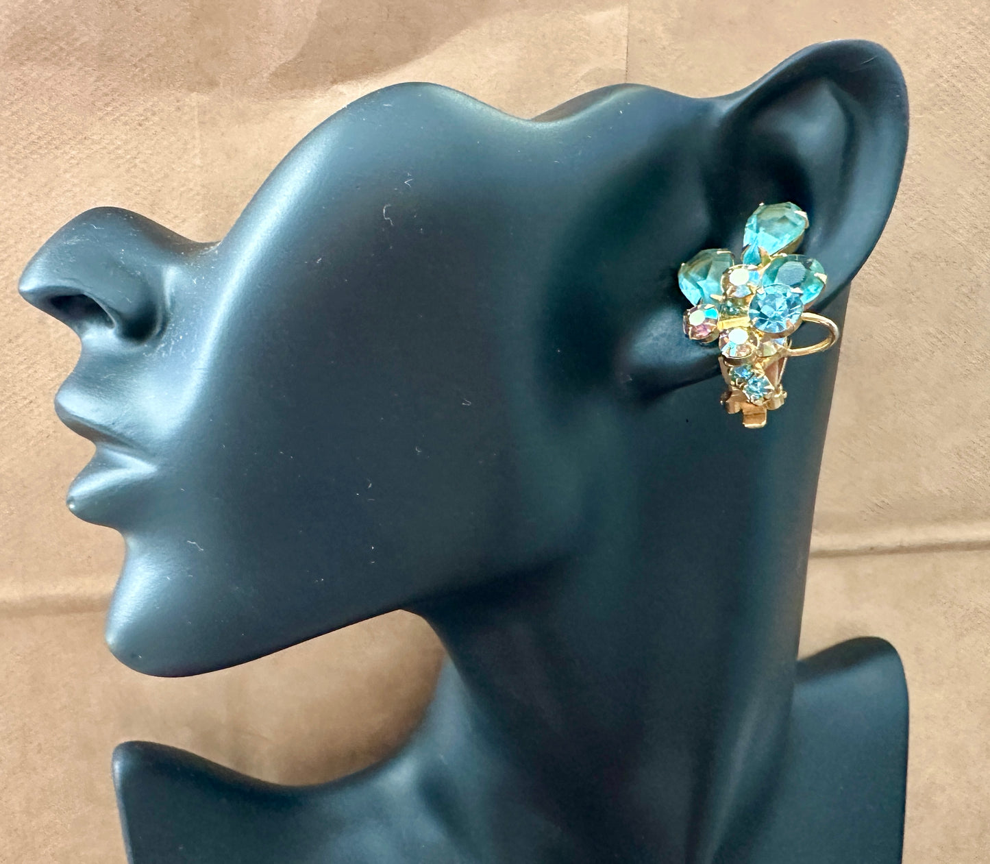 Vintage Pale Blue AB Aurora Borealis Rhinestone Gold Tone Clip on Earrings