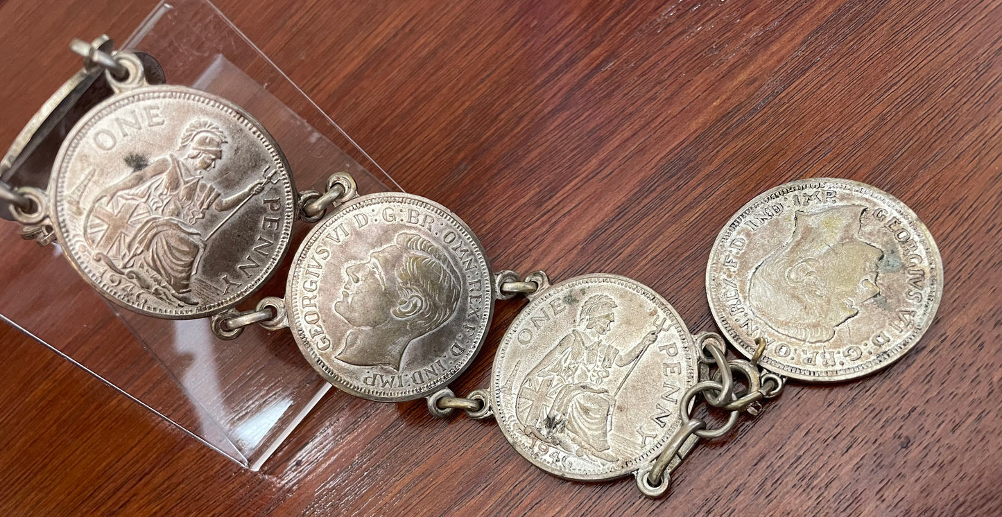 Vintage 1940's Half Crown Penny George English Coin Bracelet