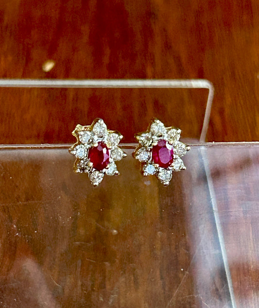 14k Yellow Gold Oval Ruby Diamond Halo Stud Pierced Cluster Earrings