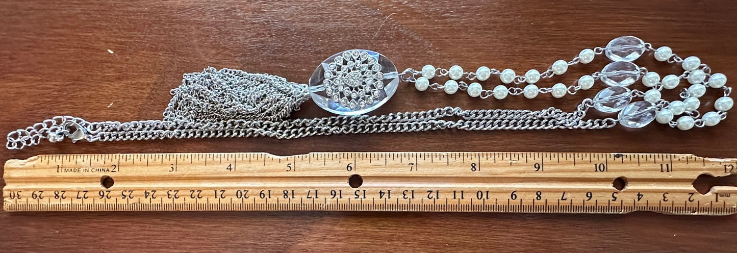 Silver Tone Chain Faux Pearl Rhinestone Opera Length Tassel Necklace