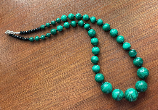 Lee Sands Vintage Sterling Silver Graduated Malachite Onyx Beads 19" Necklace