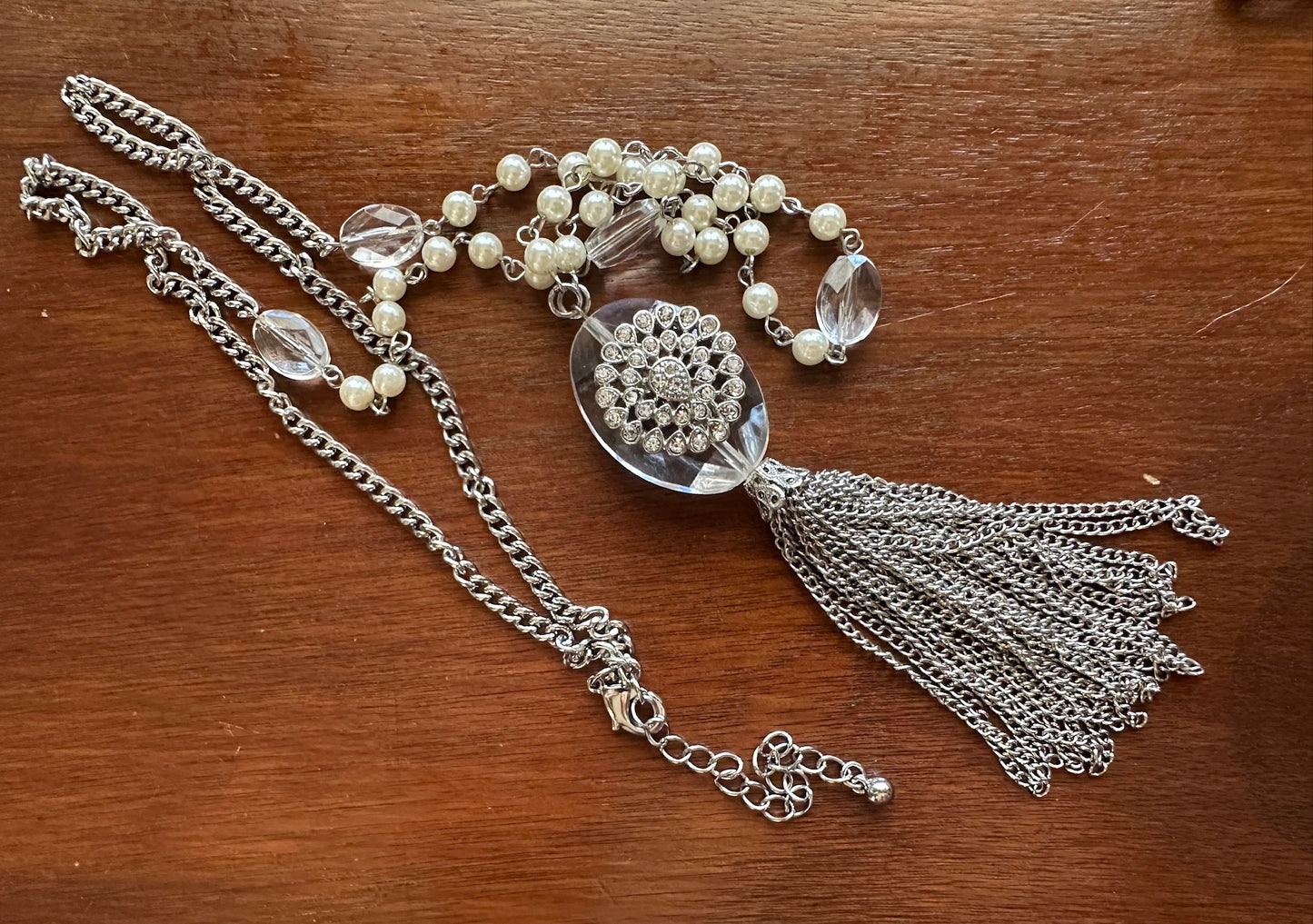 Silver Tone Chain Faux Pearl Rhinestone Opera Length Tassel Necklace
