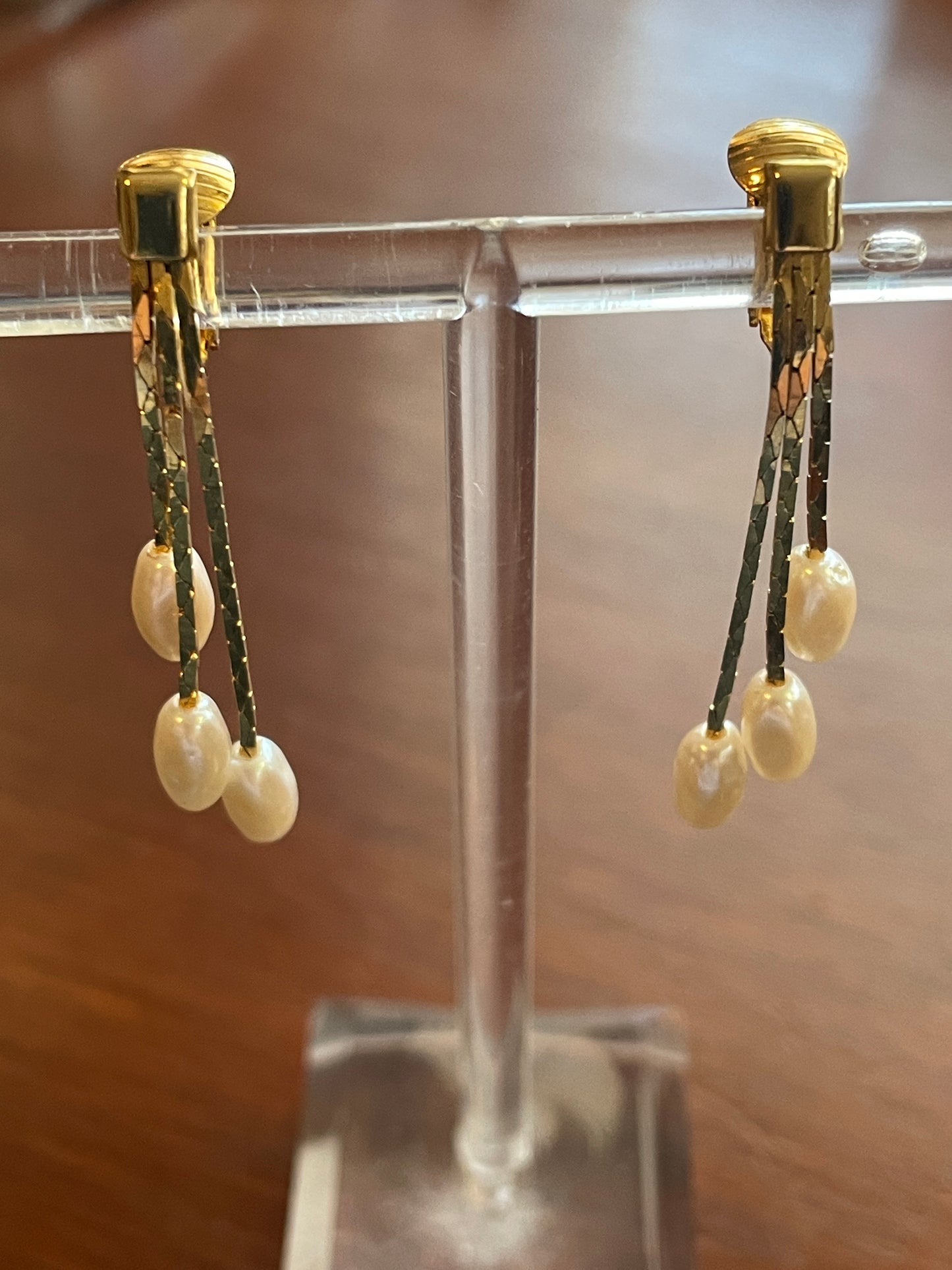 Vintage Gold Tone Faux Pearl Three Strands Dangle Clip On Earrings