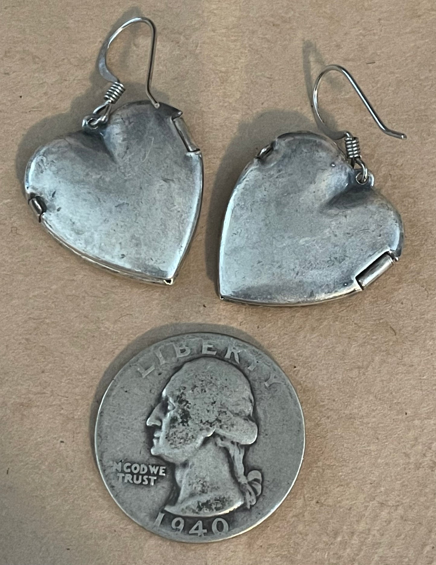 Vintage Silver Tone Heart Locket Drop Dangly French Wire Earrings