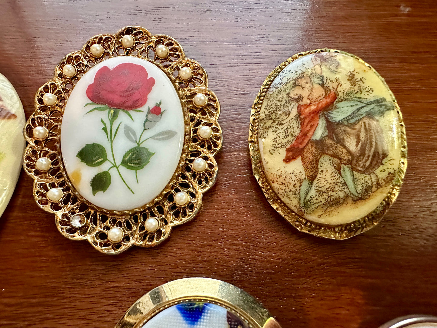 Vintage Victorian Style Portrait Regency Brooch Pin Lot Glass Painted Rose