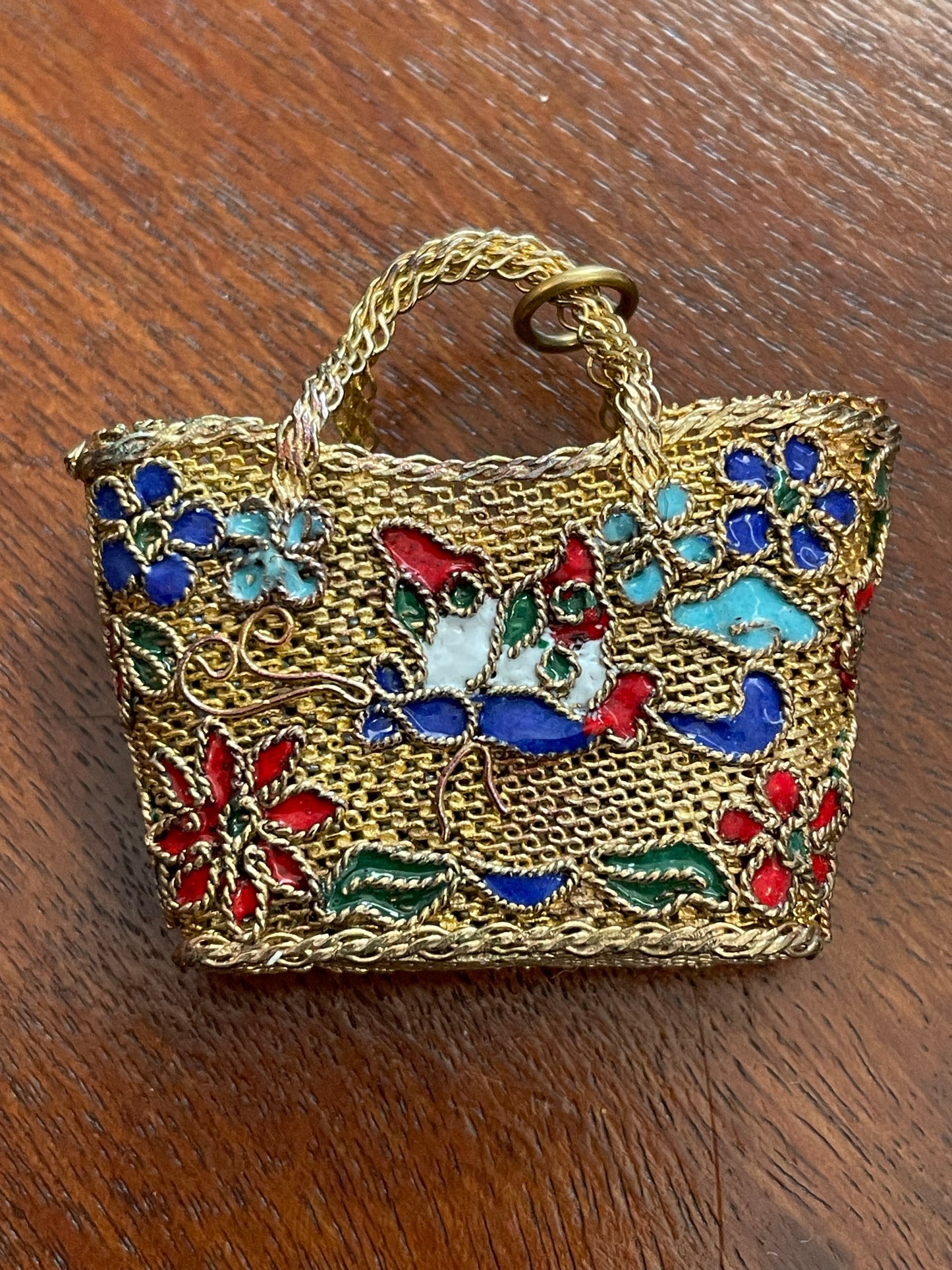 Vintage Gold Tone Mesh Cloisonne Enamel Basket Purse Pendant