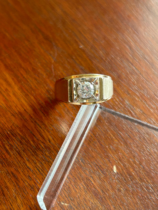 Vintage 14k Yellow Gold Mens .93 - 1ct Diamond Solitaire Signet Ring Sz 10.5