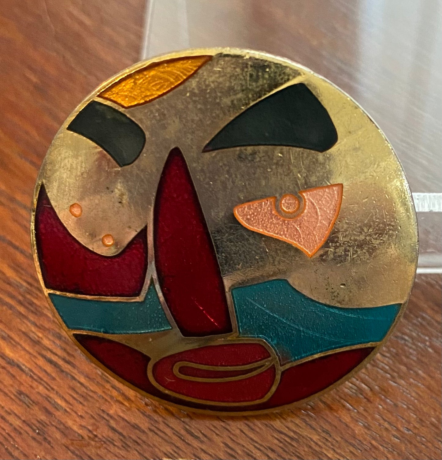 Vintage Gold Tone Colorful Enamel Metal Deco Modern Face Brooch