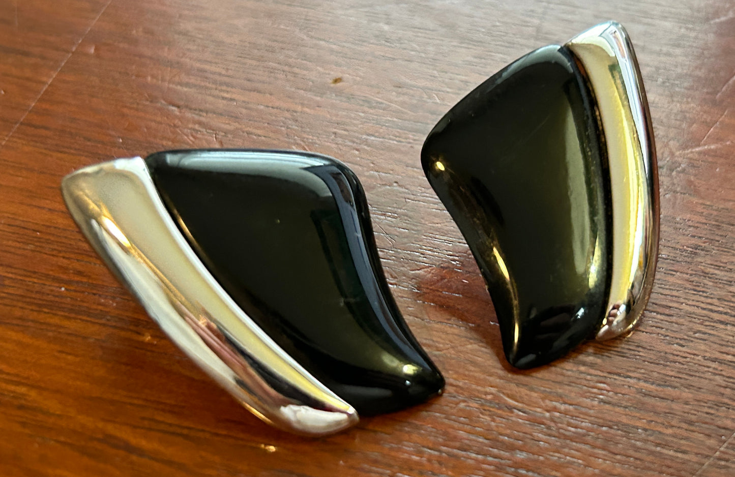 Vintage Signed Napier Black Silver Tone Large Pierced Earrings