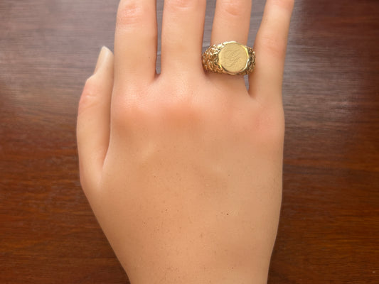 10k Yellow Gold Mens Nugget Style Monogrammed Signet Ring Sz 9.25