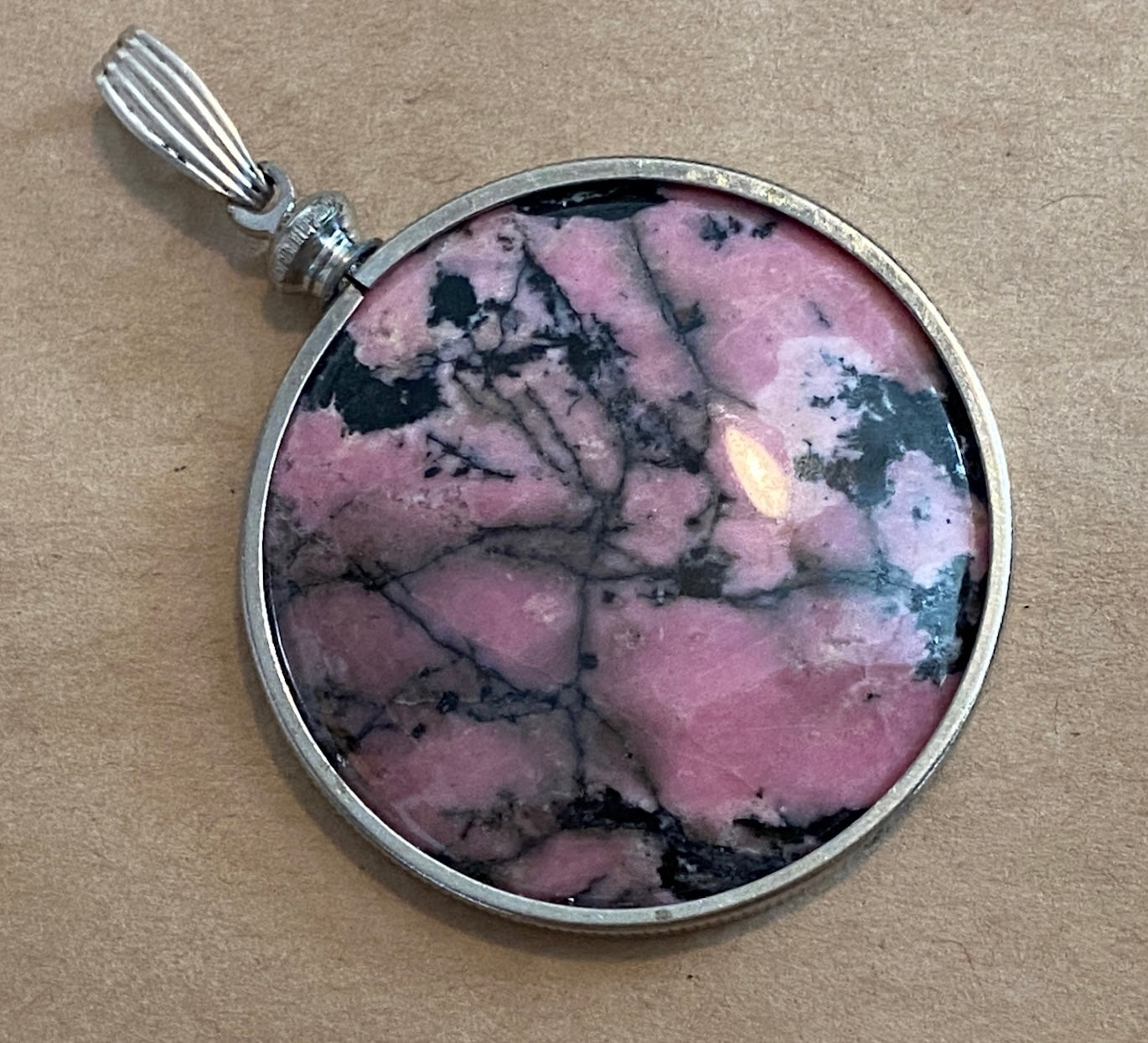 Sterling Silver 925 Pink White Black Rhodonite Necklace Pendant Bezel Round Large