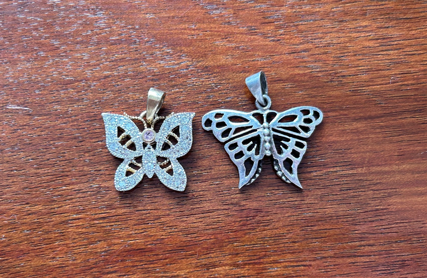 Set of 2 Sterling Silver 925 Gold Vermail Rhinestone BUTTERFLY Pendants