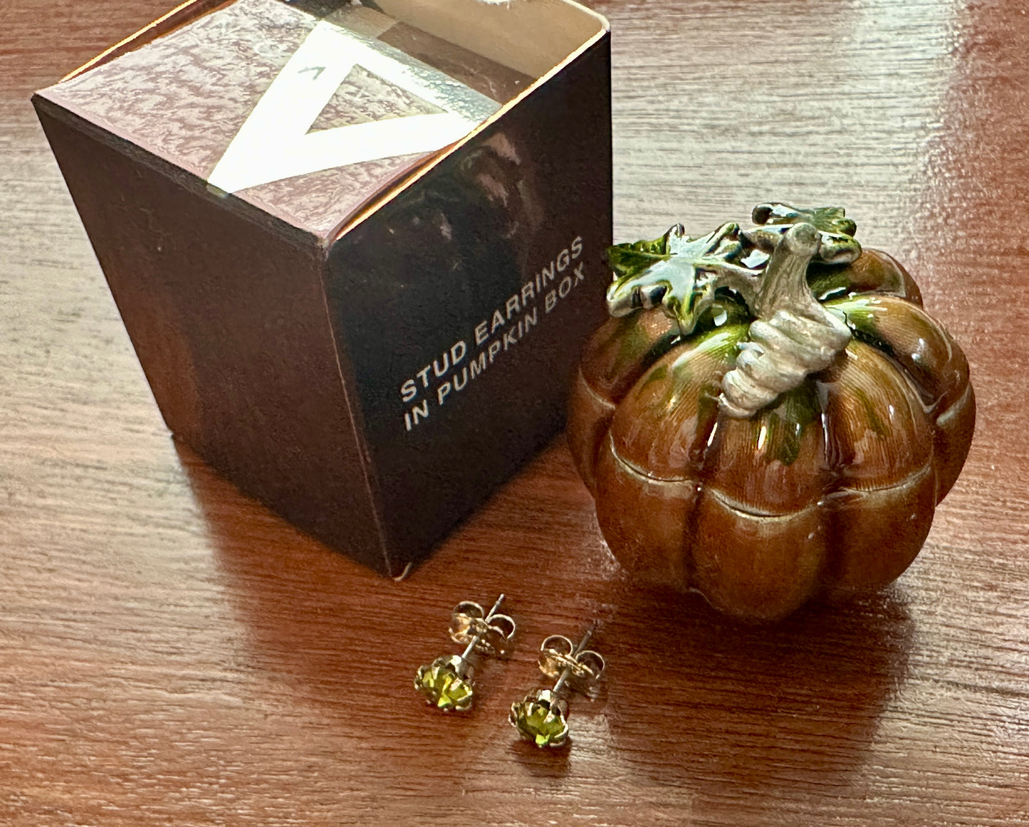 Avon Enamel Pumpkin Trinket Jewelry Box w Green Stone Stud Earrings