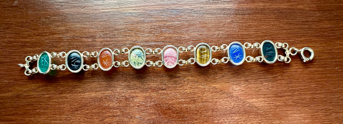 Vintage 1/20 12k Yellow Gold Filled Scarab Gemstone Cabochon Panel Bracelet