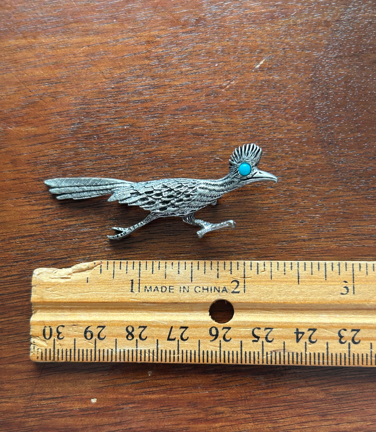 Vintage Signed J Ritter Silver Tone Faux Turquoise Eye Roadrunner Brooch Pin