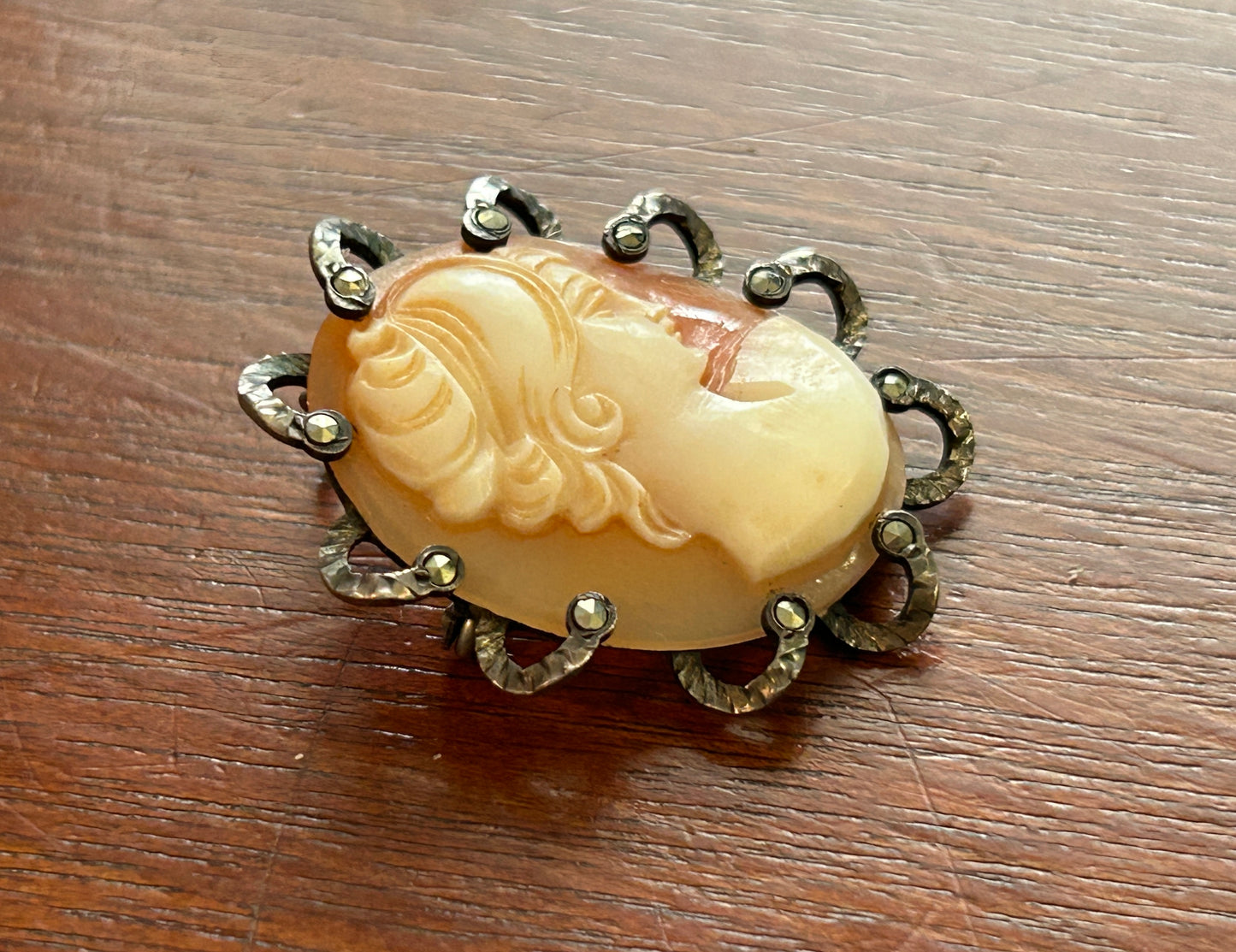 Vintage Antique 900 Silver Marcasite Real Cameo Brooch Pin Pendant