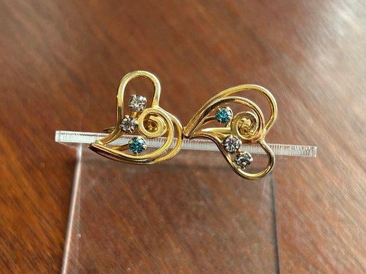 Vintage Antique Designer Quill 12k Yellow Gold Filled Rhinestone Heart Earrings