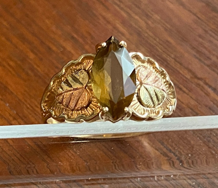 Black Hills Gold 10k Yellow Gold Tritone Whiskey Quartz Ring Sz 8