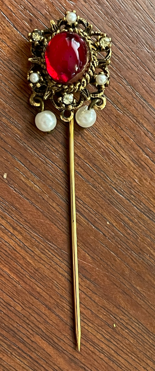 Vintage Gold Tone Hat Pin Red Glass Stone & Faux Pearl