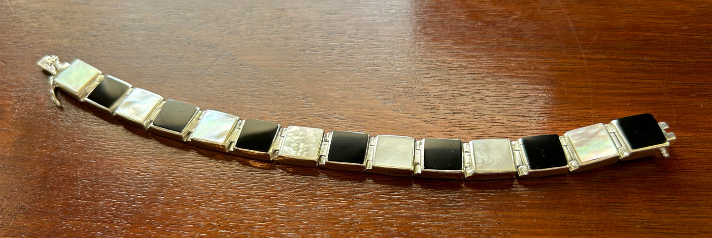 Sterling Silver 925 MOP Mother of Pearl Onyx Panel Bracelet