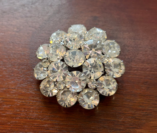 Vintage Silver Tone Round Cluster Rhinestone Large Brooch Pin