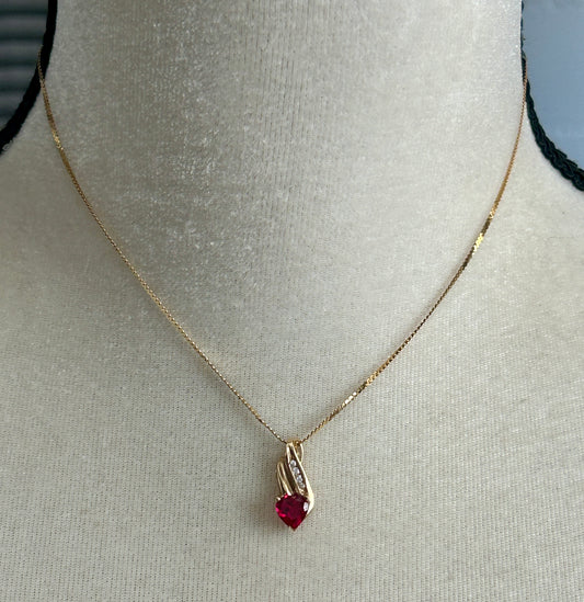 10k 14k Yellow Gold Chain Pendant Necklace Red White Cubic Zirconia Heart