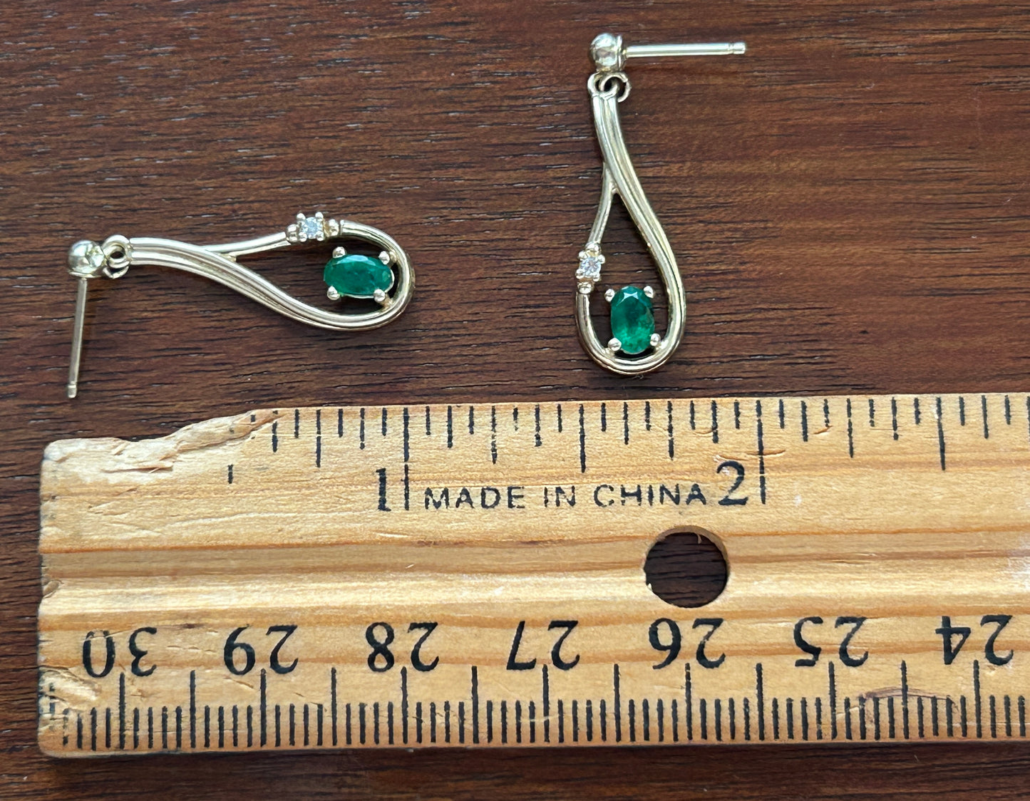 14k Yellow Gold Diamond Oval Emerald Drop Dangly Pierced Earrings