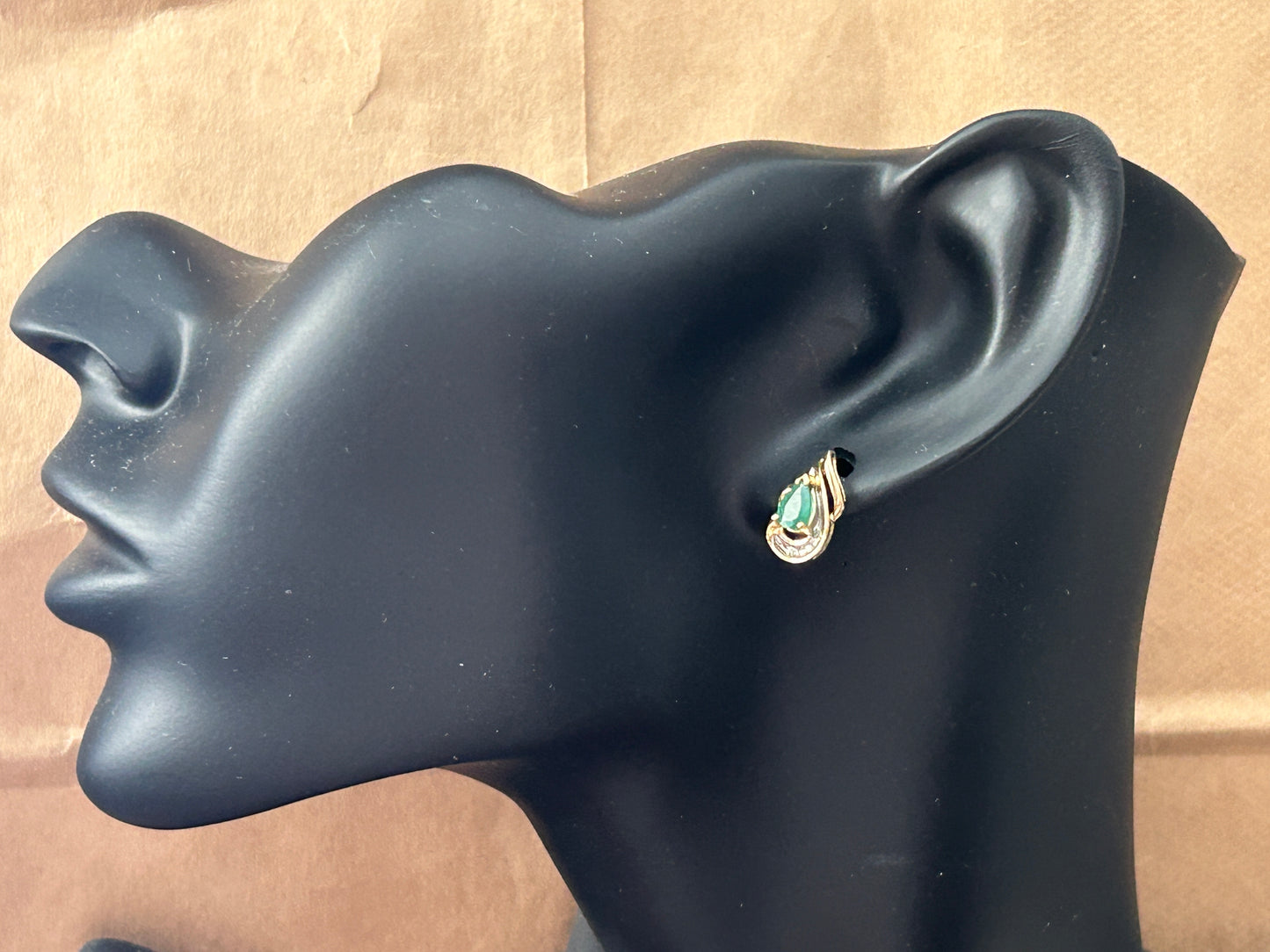 10k Yellow Gold Pear Shaped Emerald Diamond Accent Stud Pierced Earrings