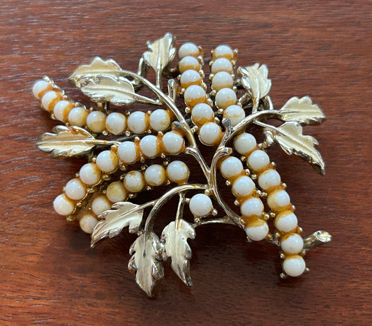Vintage Signed Gold Tone White Bead Brooch Pin