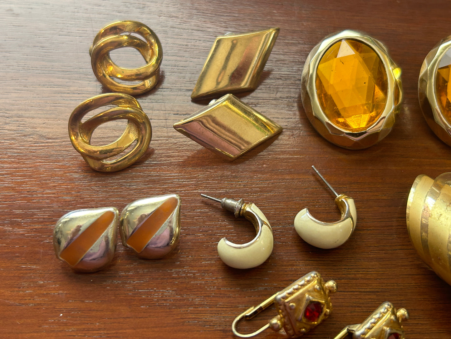 Vintage Gold Tone Earrings Lot Rhinestone Doorknocker Enamel Hoop 80's Dangly