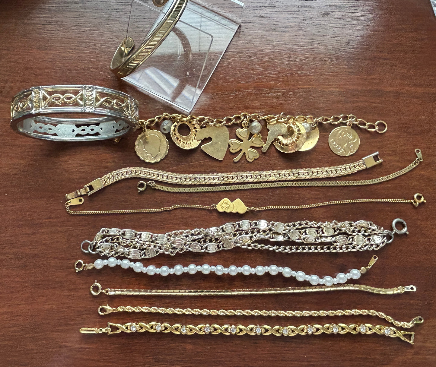 Lot of Vintage to Now Bracelets Gold Chains Charms Faux Pearl Tennis Rhinestones