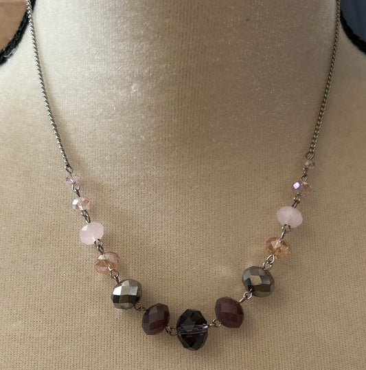 Silver Tone Chain Link Faceted Purple Pink Bead Necklace Adjustable